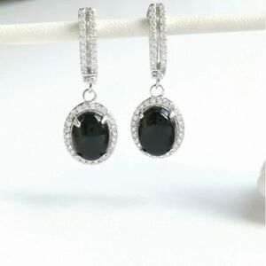 Black Onyx CZ Halo Earrings sterling silver lever back